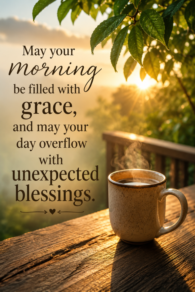 A peaceful morning coffee cup bathed in warm sunlight with golden rays reflecting on a wooden table, representing unexpected blessings and grace.