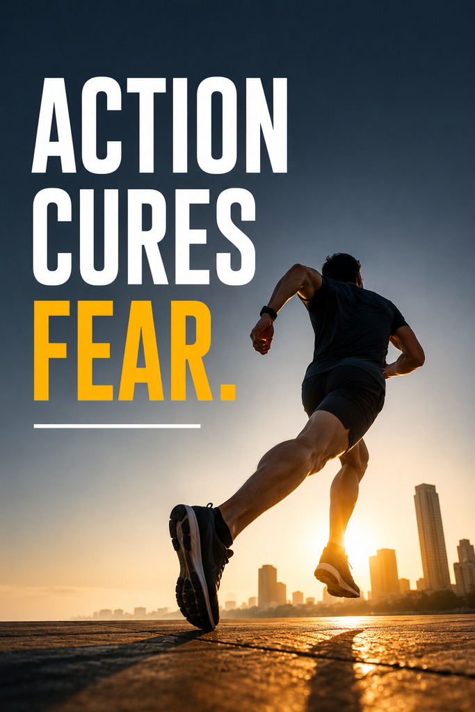 High-energy minimalist graphic displaying a powerful quote about action curing fear.