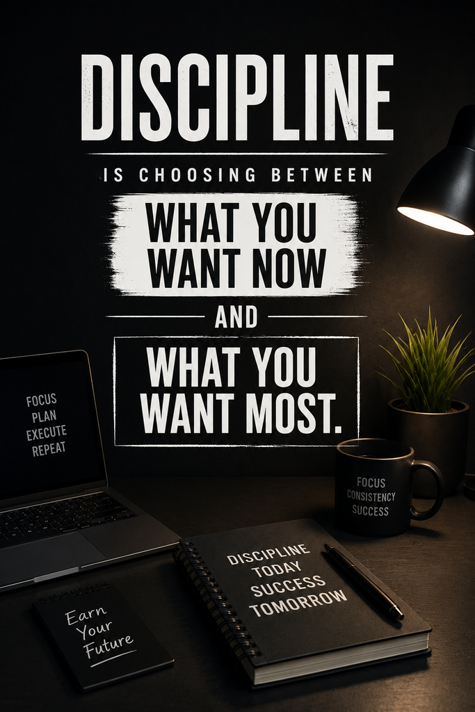 Dark mode high-contrast graphic displaying a quote about choosing discipline over instant gratification.