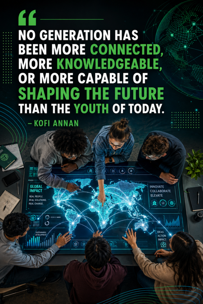 Diverse young professionals collaborating around a glowing tech interface map, showing global connectivity and youth leadership.
