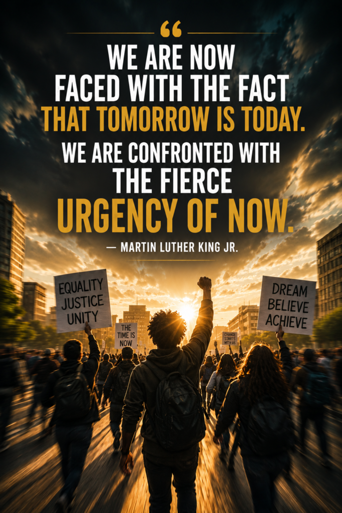 Dynamic shot of people moving forward into bright sunlight, representing the fierce urgency of now and youth action.