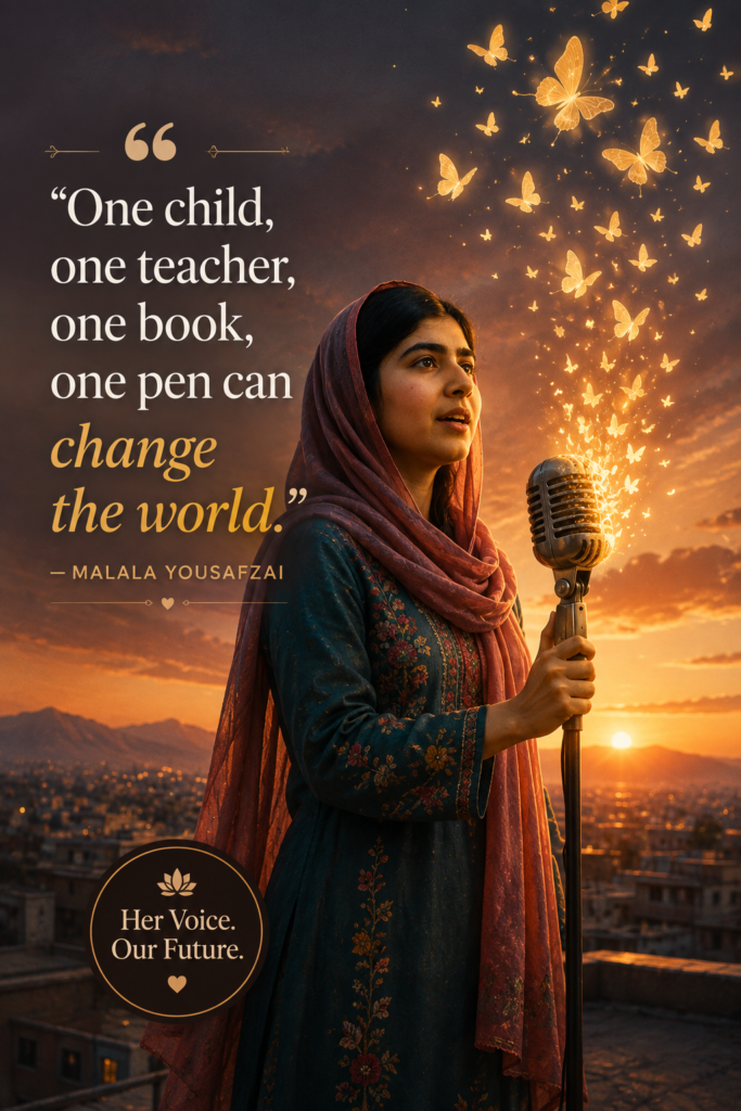 A silhouette of a young woman speaking into a vintage microphone with glowing golden butterflies flying out into a sunset sky.
