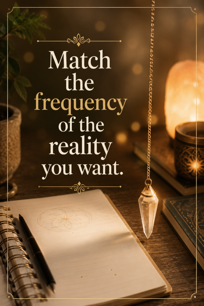 Clean crystals and notebook layout showcasing energy healing quotes for manifestation and frequency matching.