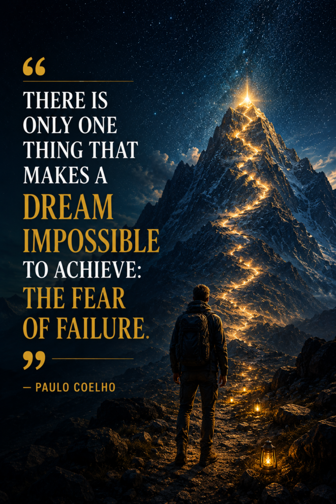 An adventurer looking up at a glowing mountain peak at night, symbolizing overcoming the fear of failure and achieving dreams.