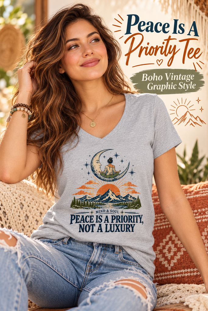 Woman wearing a vintage Mind and Soul graphic t shirt featuring meditation on a crescent moon, mountain sunrise, and inspirational quote "Peace Is A Priority Not A Luxury