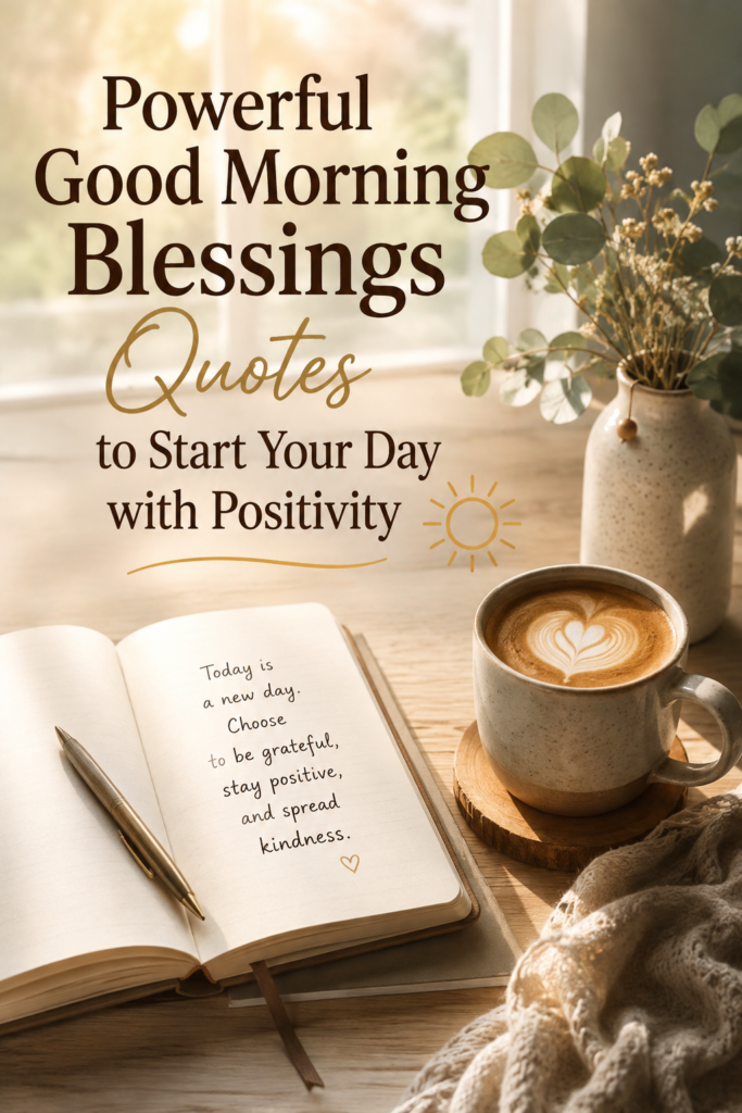 A breathtaking, sunlit morning workspace featuring an open motivational journal, a fresh cup of coffee, and soft warm light streaming through the window while inspiring you with good morning blessings quotes.