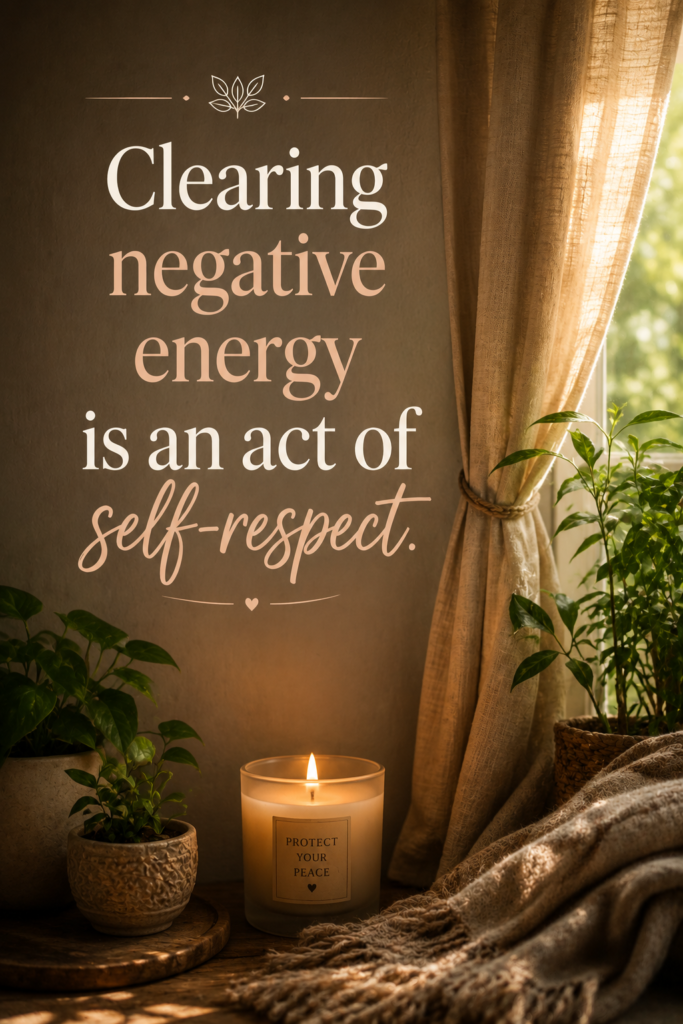 Cozy candlelit sanctuary setup displaying energy healing quotes for clearing negative energy.