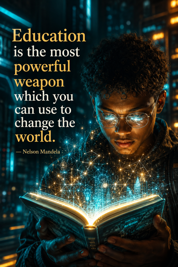 A young person looking inspired holding a glowing digital book, representing the power of education in youth empowerment.