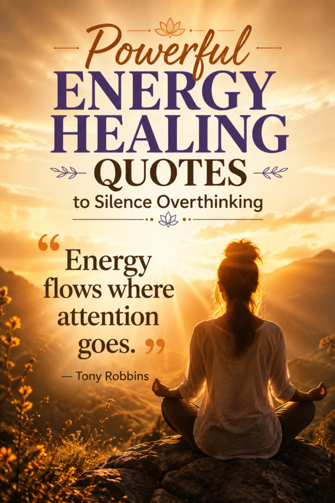 Golden sunset meditation scene paired with inspiring energy healing quotes about focus and attention.