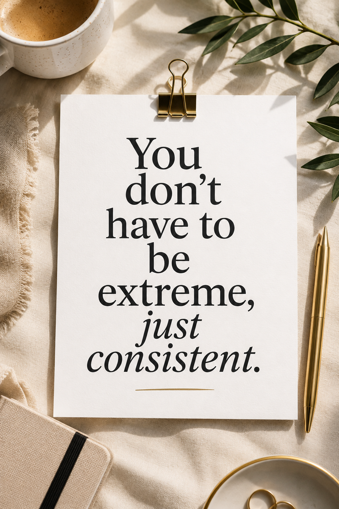 Minimalist neutral-toned flat lay featuring a motivational quote about consistency over extreme effort.