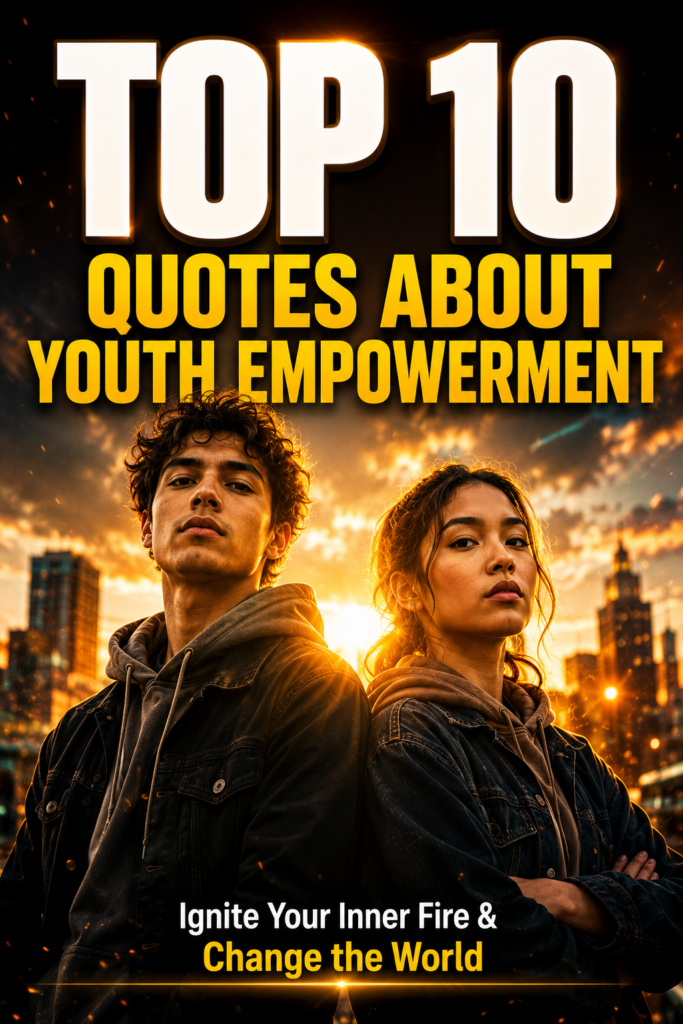 A high-impact cinematic image of two confident young people standing together at sunset, featuring the text overlay: "TOP 10 Quotes About Youth Empowerment".