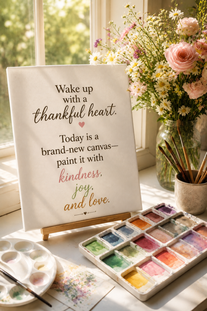 An artistic watercolor palette and a blank canvas sitting near a bright window filled with morning light and colorful flowers.