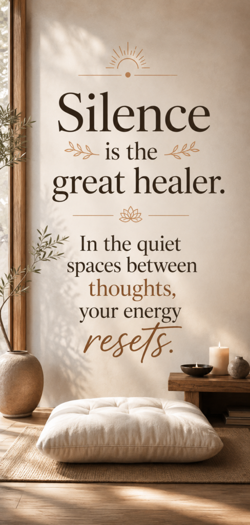 Minimalist meditation space layout highlighting powerful energy healing quotes about silence and energy resets.