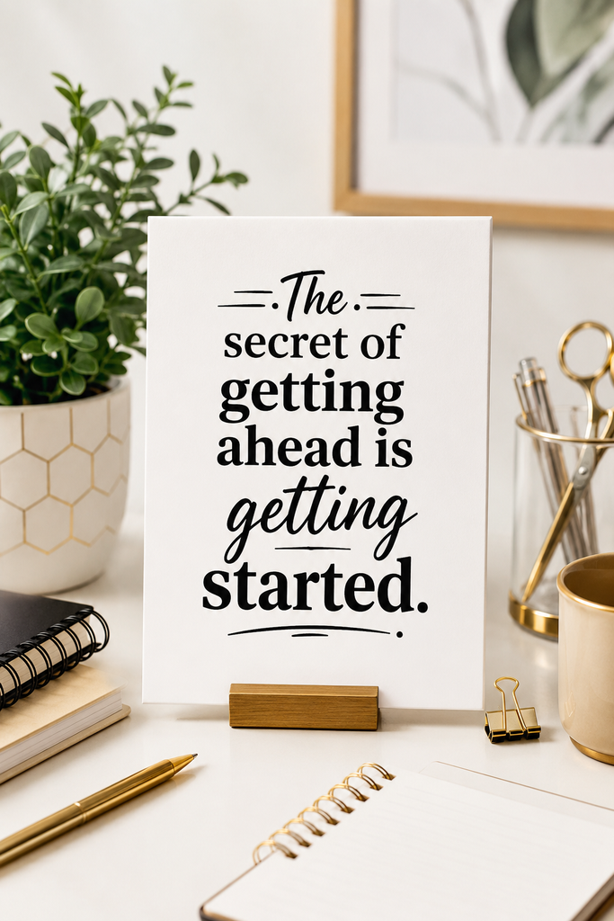 Minimalist desk setup graphic featuring a quote about the importance of taking the first step.