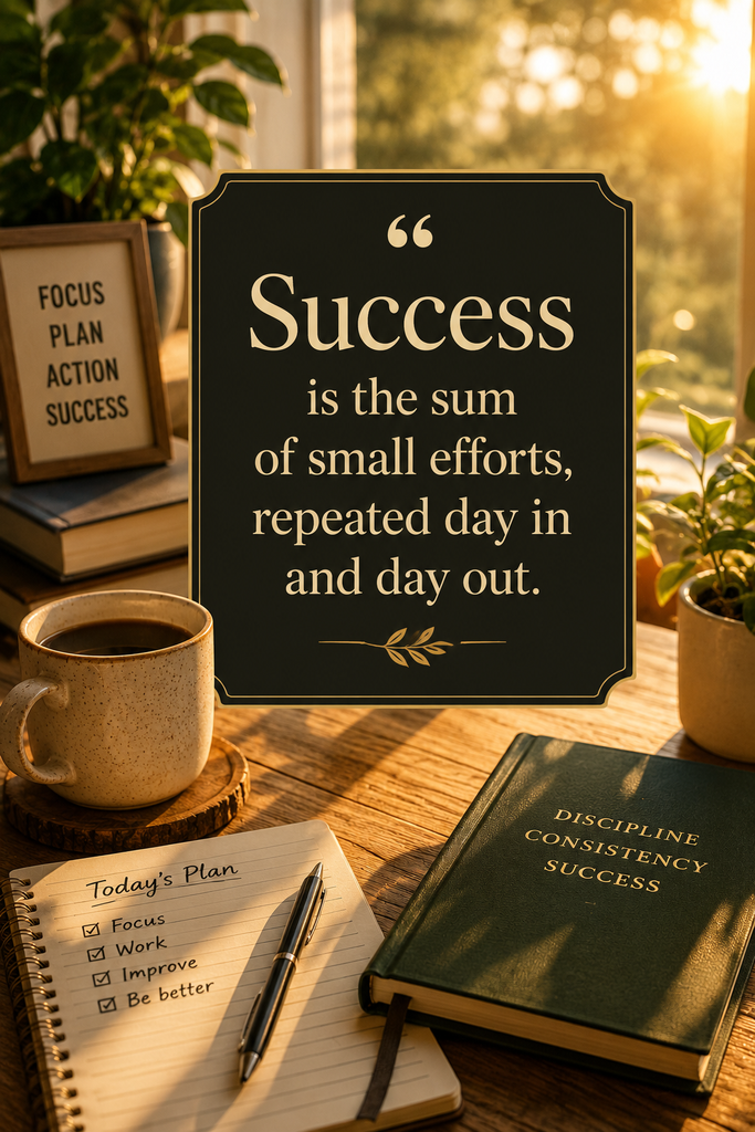 Warm workspace aesthetic background featuring a quote about small daily efforts leading to success.