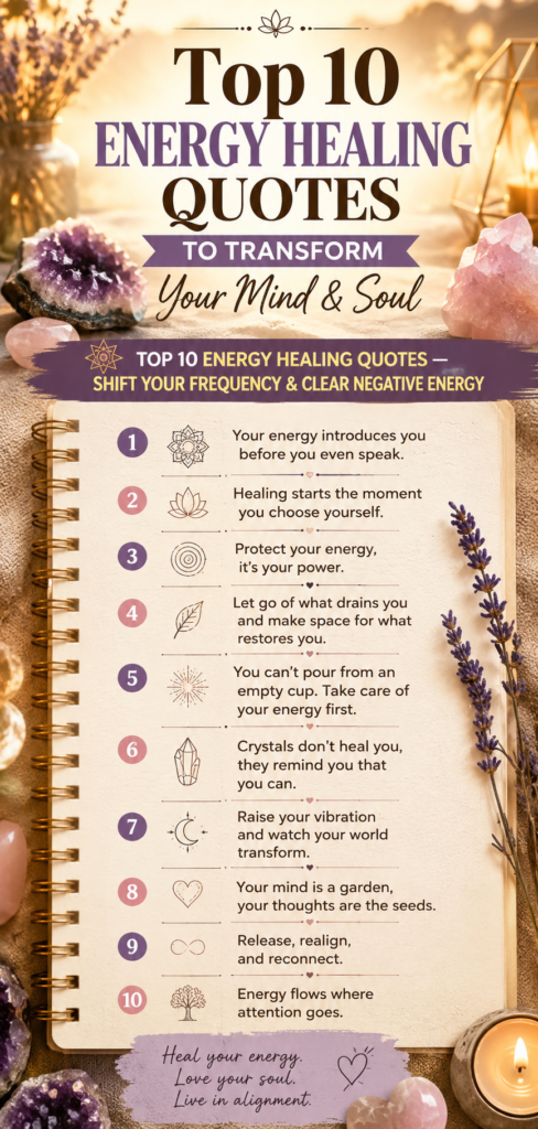 An aesthetic infographic layout displaying the top 10 energy healing quotes for spiritual awakening and inner peace.