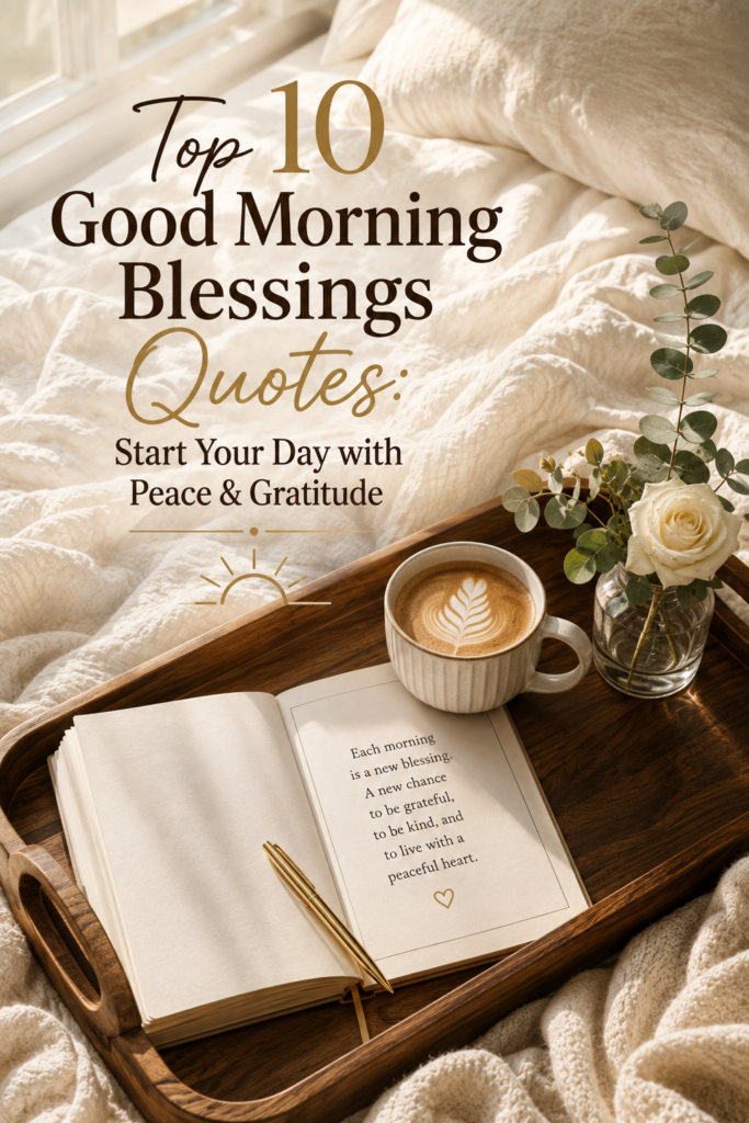 A beautifully arranged morning breakfast tray on a cozy bed with a steaming mug, a small bouquet of flowers, and a book, bathed in soft sunlight.