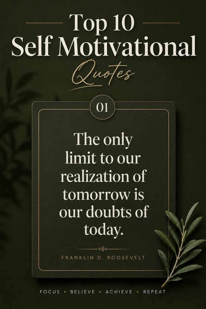Aesthetic editorial graphic featuring a bold title for the Top 10 Self Motivational Quotes to transform your daily mindset.