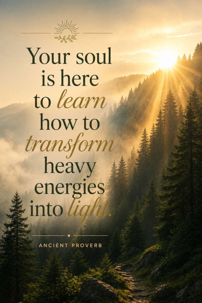 Misty mountain forest landscape paired with profound energy healing quotes for spiritual transformation.