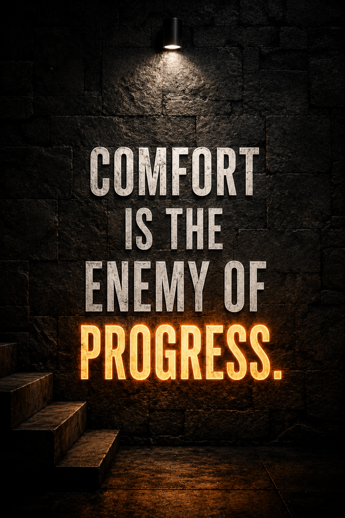 Moody minimalist typography pin highlighting a deep quote about leaving your comfort zone for growth.