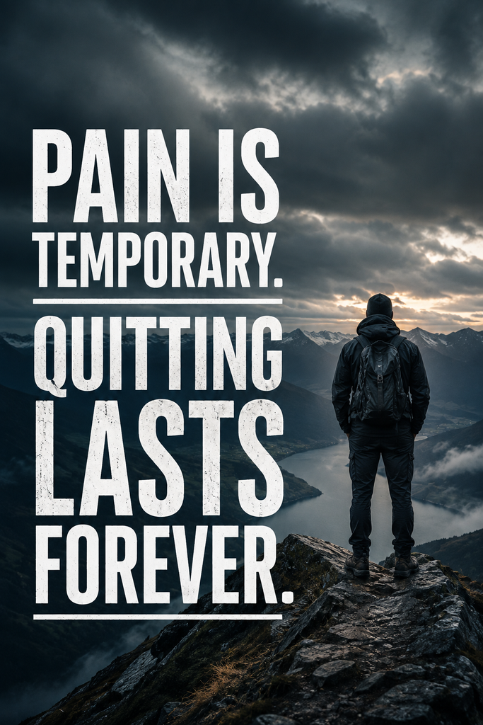 Cinematic moody background graphic highlighting a quote about temporary pain versus permanent quitting.