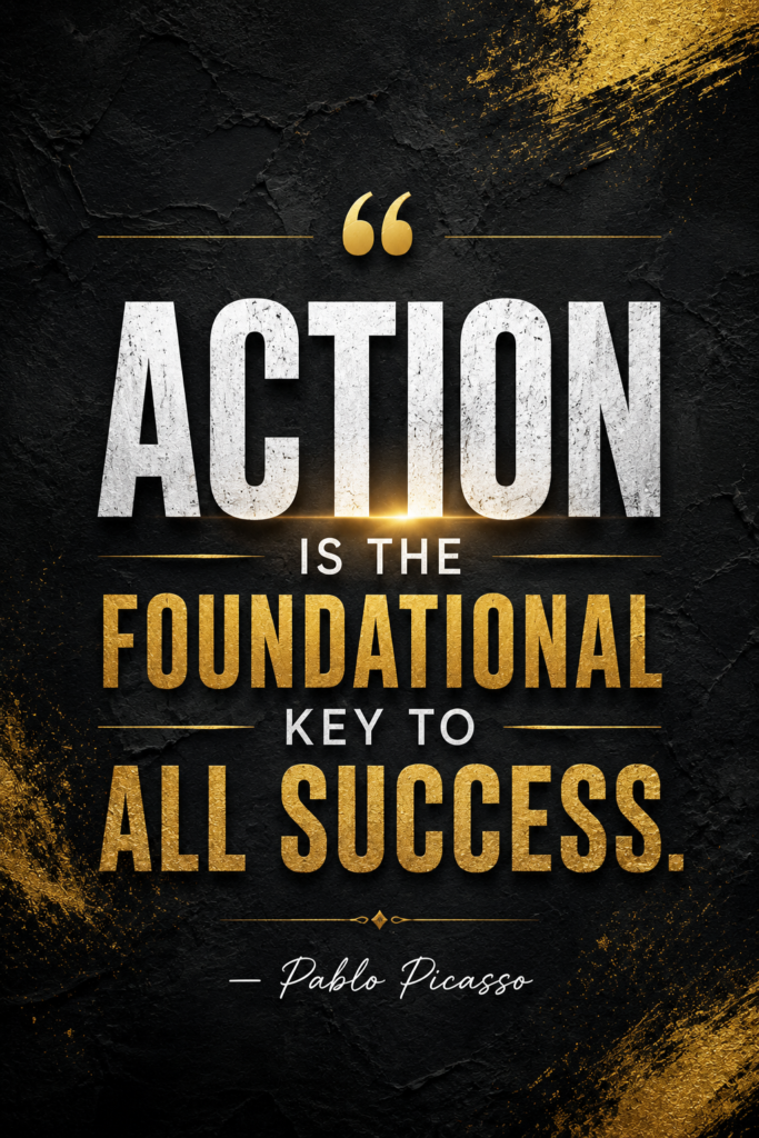 Bold motivational graphic highlighting movement quotes by Pablo Picasso about action and success.