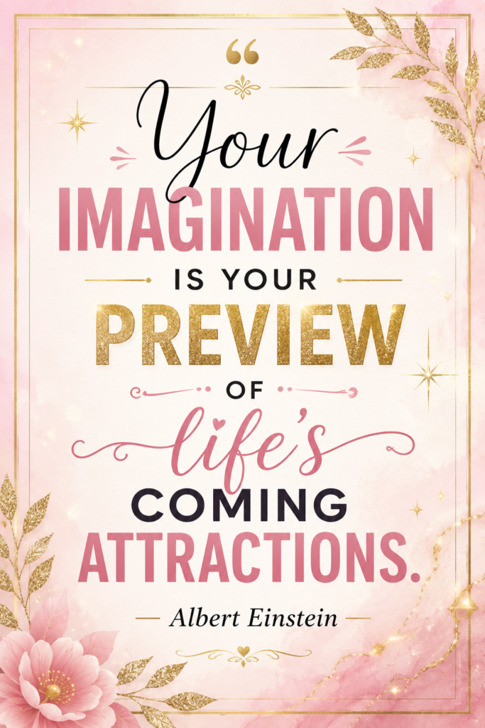 Luxury pastel design showcasing Albert Einstein's quote about imagination acting as a preview of life's coming attractions.