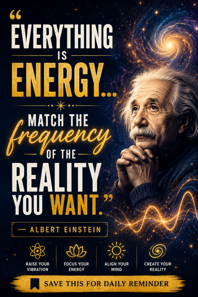 Cosmic background design highlighting Albert Einstein's famous quote about energy, frequency, and manifestation.