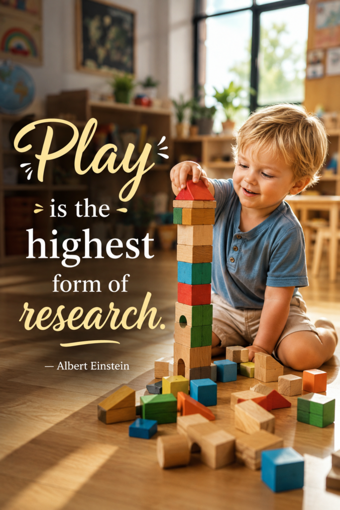 Realistic aesthetic photo of a joyful toddler building a tower with colorful wooden blocks on a sunlit wooden floor.