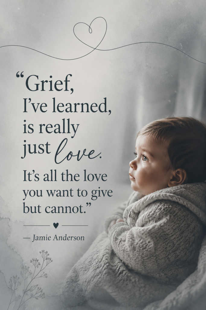 Misty grey minimalist pin with a heart line drawing and a quote about grief and love.