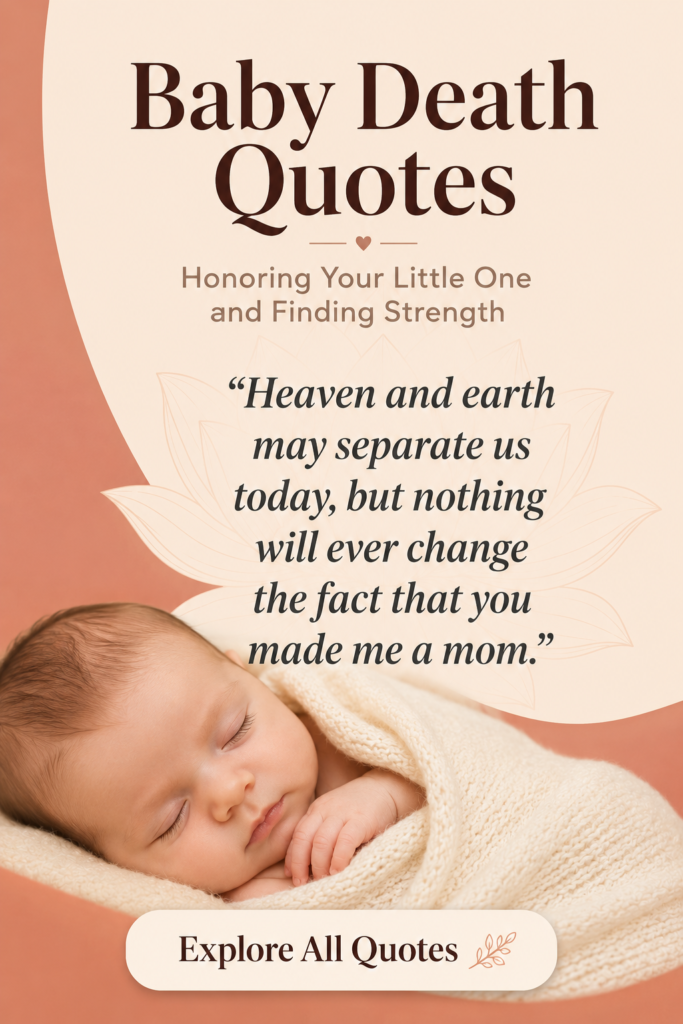 Minimalist cream and misty grey Pinterest pin featuring a watercolor floral frame and the top 10 baby death quotes guide.