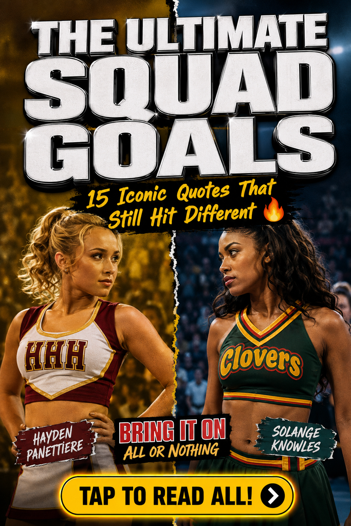 A dynamic movie poster style collage of Bring It On: All or Nothing featuring the main characters with a bold text overlay reading "The Ultimate Squad Goals: 15 Iconic Quotes".