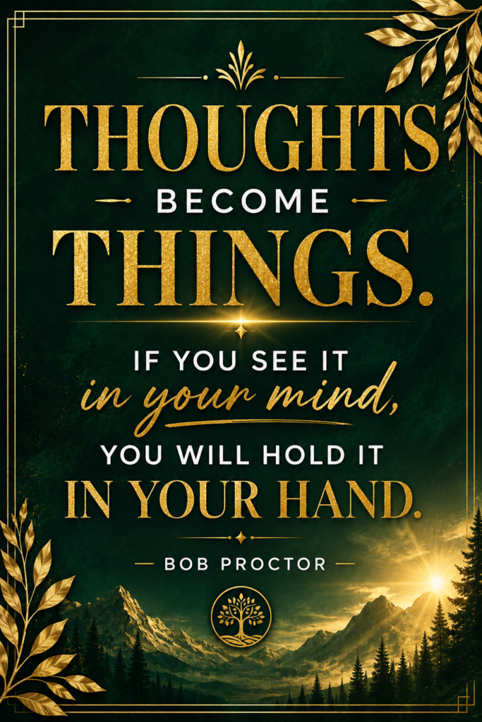 Luxury emerald and gold pin featuring Bob Proctor's famous quote about thoughts becoming things.