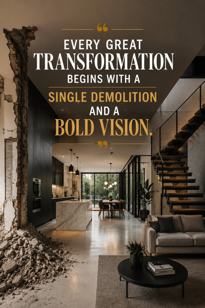 Dramatic architecture and stylish modern home renovation framework highlighting structural beauty.