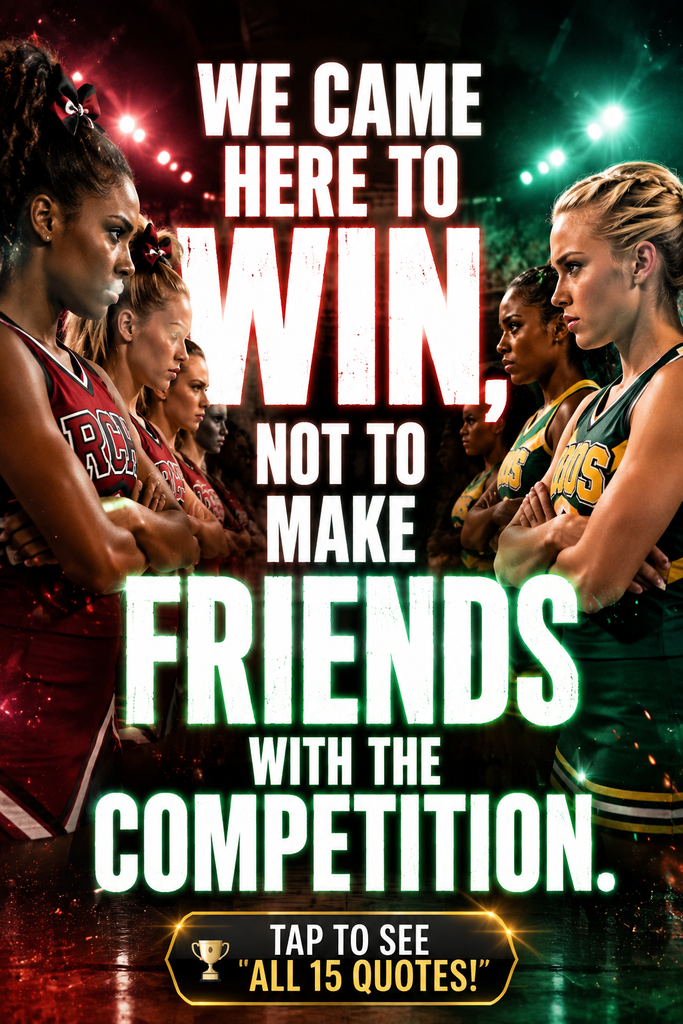 Two competing cheer squads facing off with intense expressions, overlayed with bold text about winning over making friends.