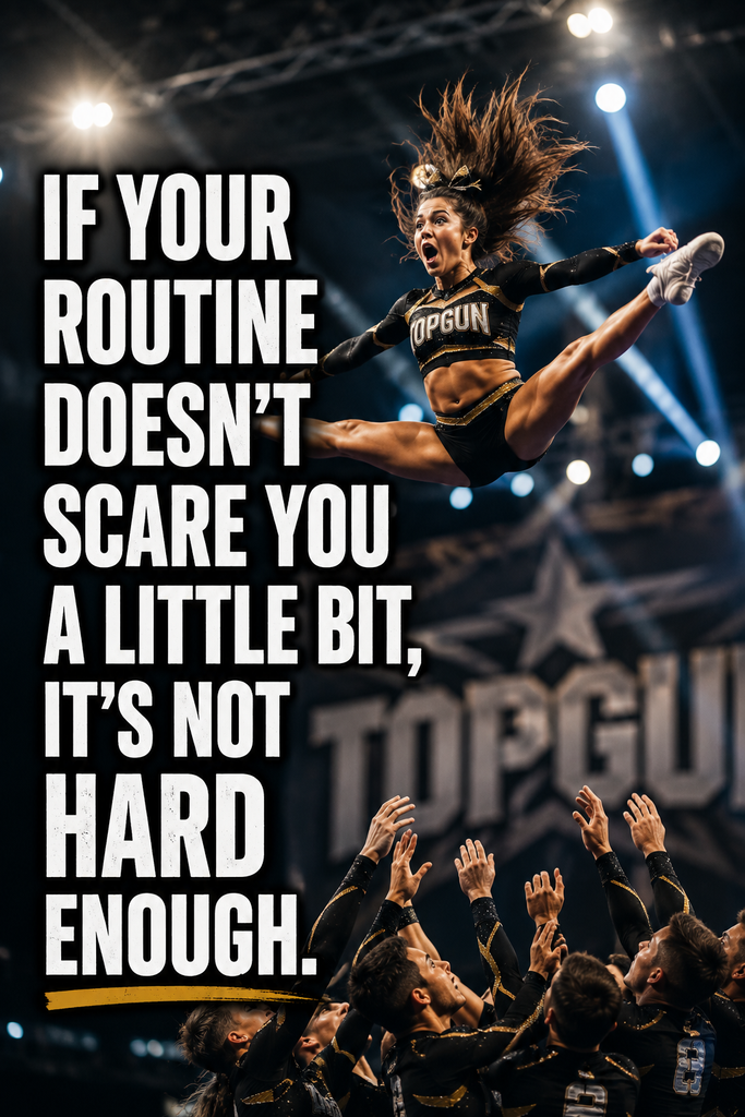 High-risk mid-air cheer stunt frozen in action, featuring a bold drop-shadow text overlay about routine and fear.