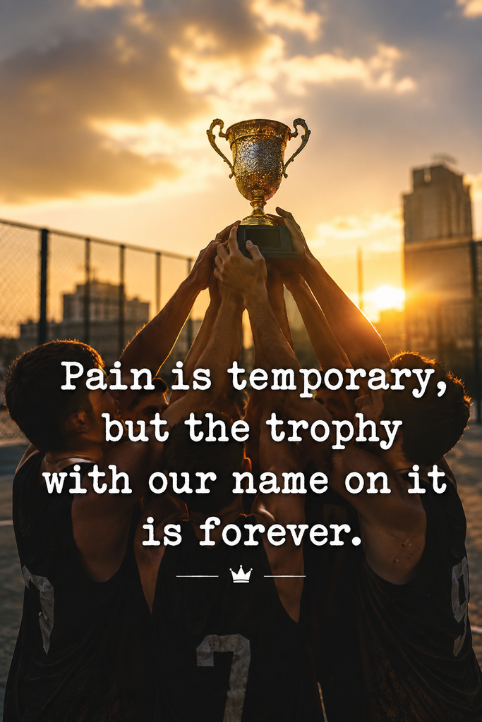 Golden-hour outdoor training court shot with a team holding a trophy, featuring an inspiring white text overlay.