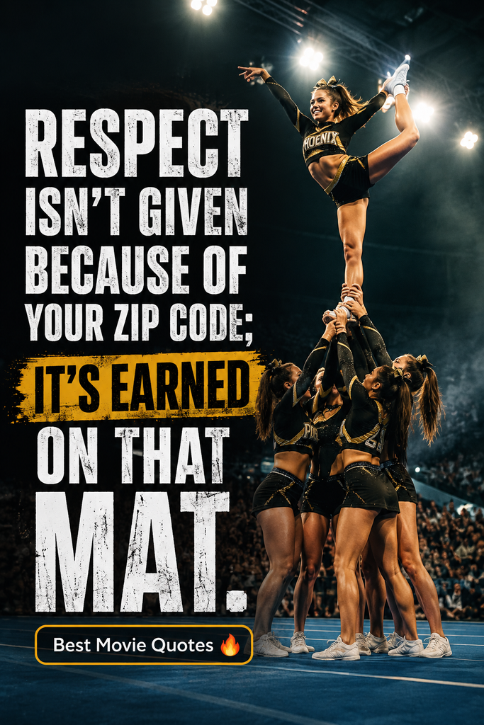 Powerful team pyramid stunt on a competition mat with a bold text overlay about earning respect on the mat.