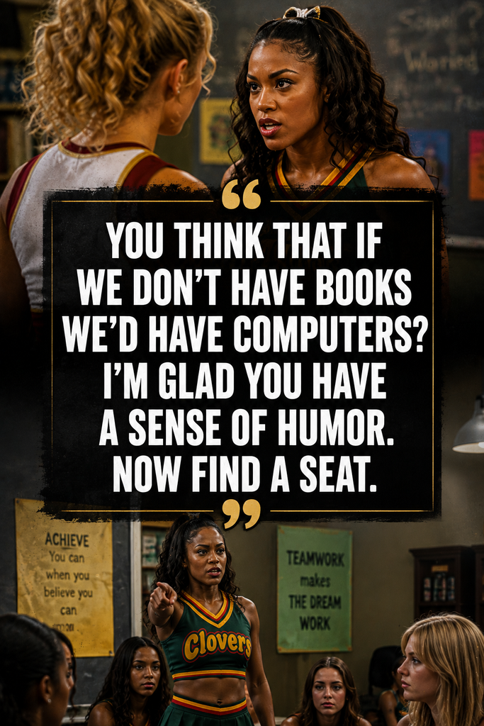 Classroom or dramatic movie scene background with a bold white text overlay of Mrs. Webster's sarcastic quote.