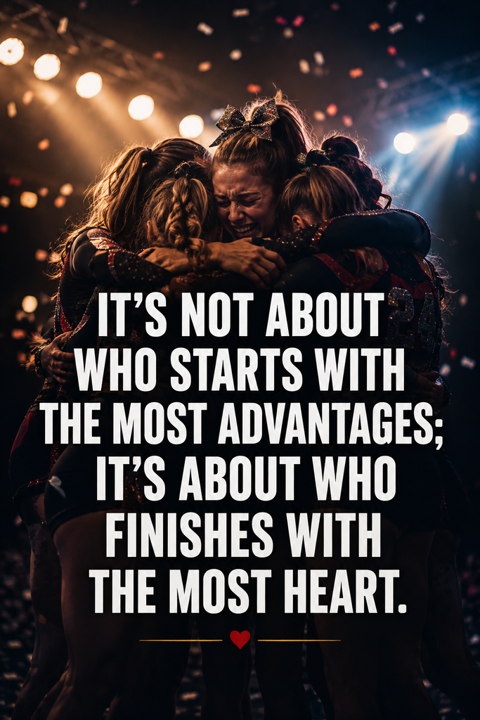 Heartwarming victorious team celebration group hug on stage, overlayed with bold white text about finishing with the most heart.