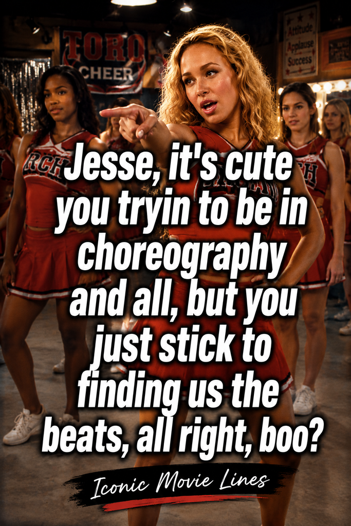 Cinematic dance practice background featuring a bold text overlay of the famous Bring It On quote about choreography and beats.