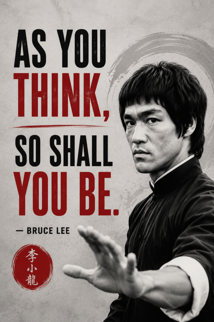 Minimalist grey pin highlighting Bruce Lee's powerful statement about thinking and identity.
