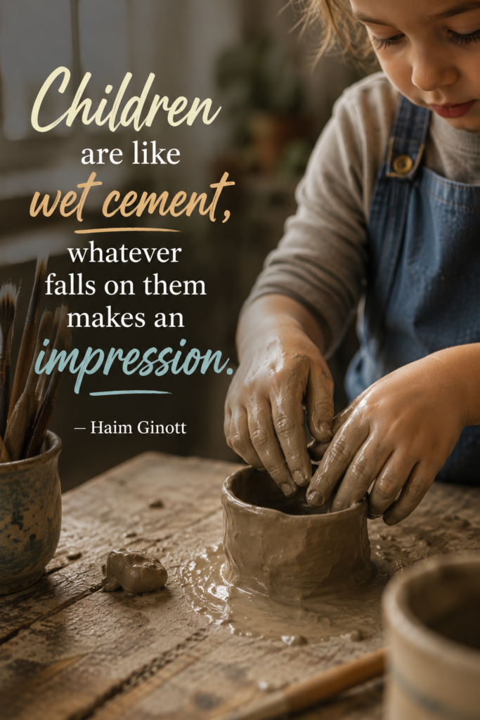 Close-up artistic photo of a child's small hands carefully shaping soft wet clay on a wooden table.