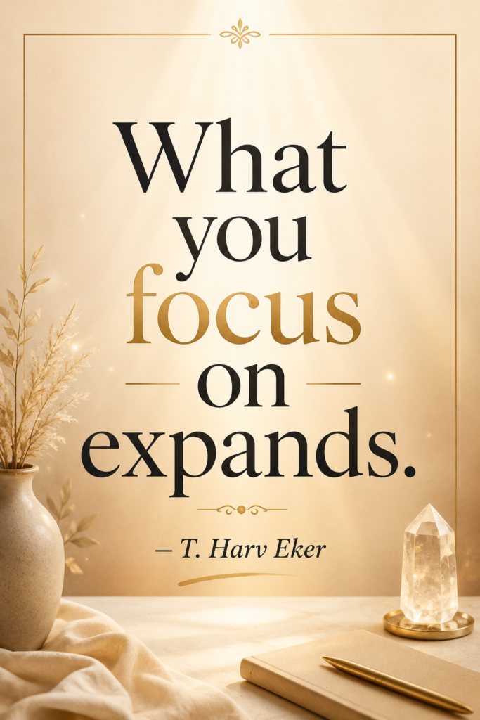 Aesthetic graphic featuring a powerful daily manifestation quote by T. Harv Eker about the power of focus and mindset shift.