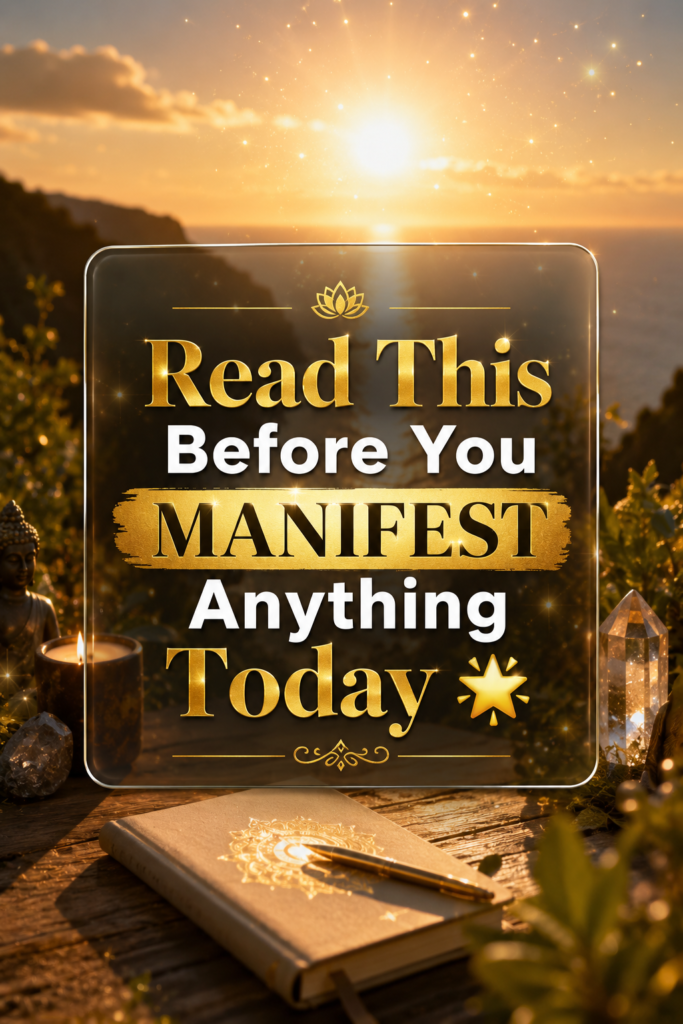 Aesthetic golden hour lifestyle graphic featuring a click-able hook for daily manifestation quotes and law of attraction secrets.