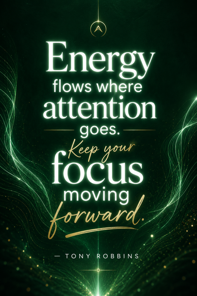 Moody green aesthetic design showcasing movement quotes about focus and momentum by Tony Robbins.