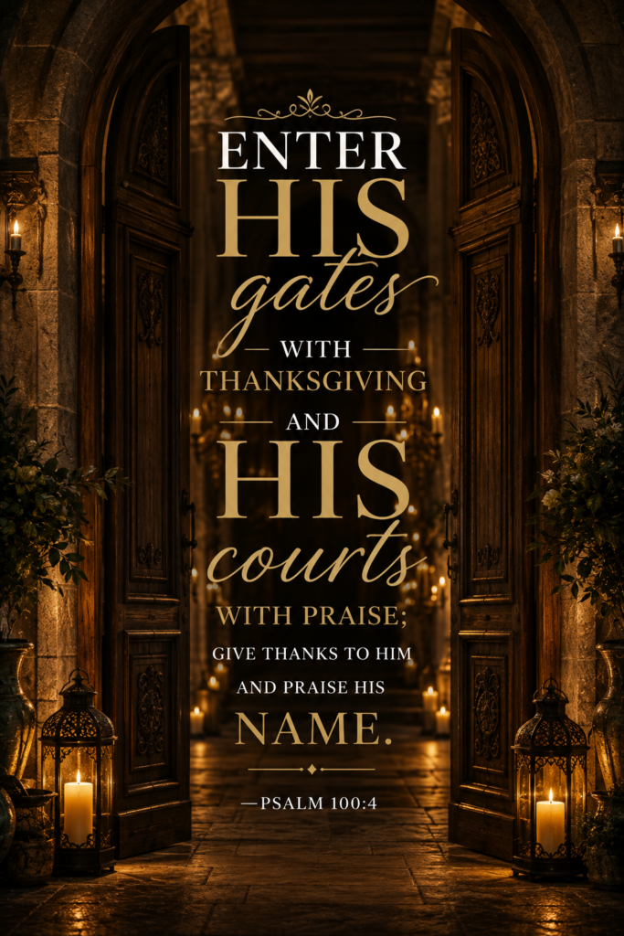 A warm candlelight pin with Psalm 100:4, focusing on entering worship and prayer with a heart full of thanksgiving.