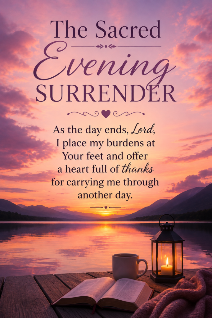 A peaceful twilight lake reflection pin featuring an evening prayer of thanks for carrying through the day.
