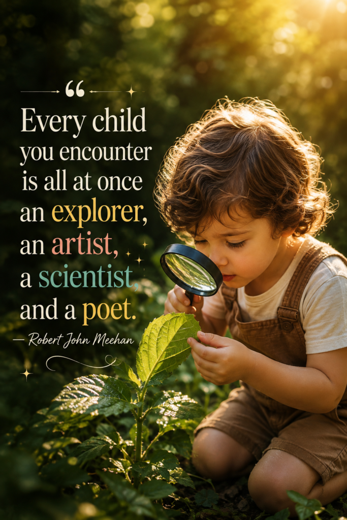 Magical photo of a curious child in a garden holding a magnifying glass up to a green leaf.
