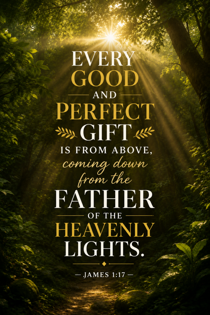 A breathtaking forest light pin highlighting James 1:17 about every good and perfect gift coming from God.